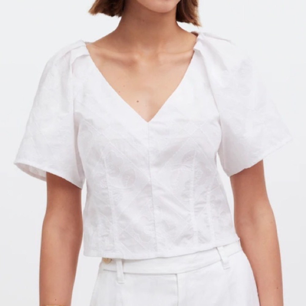 NEW Madewell 4 6 V Neck Blouse Top White Floral Embroidery Puff Sleeve